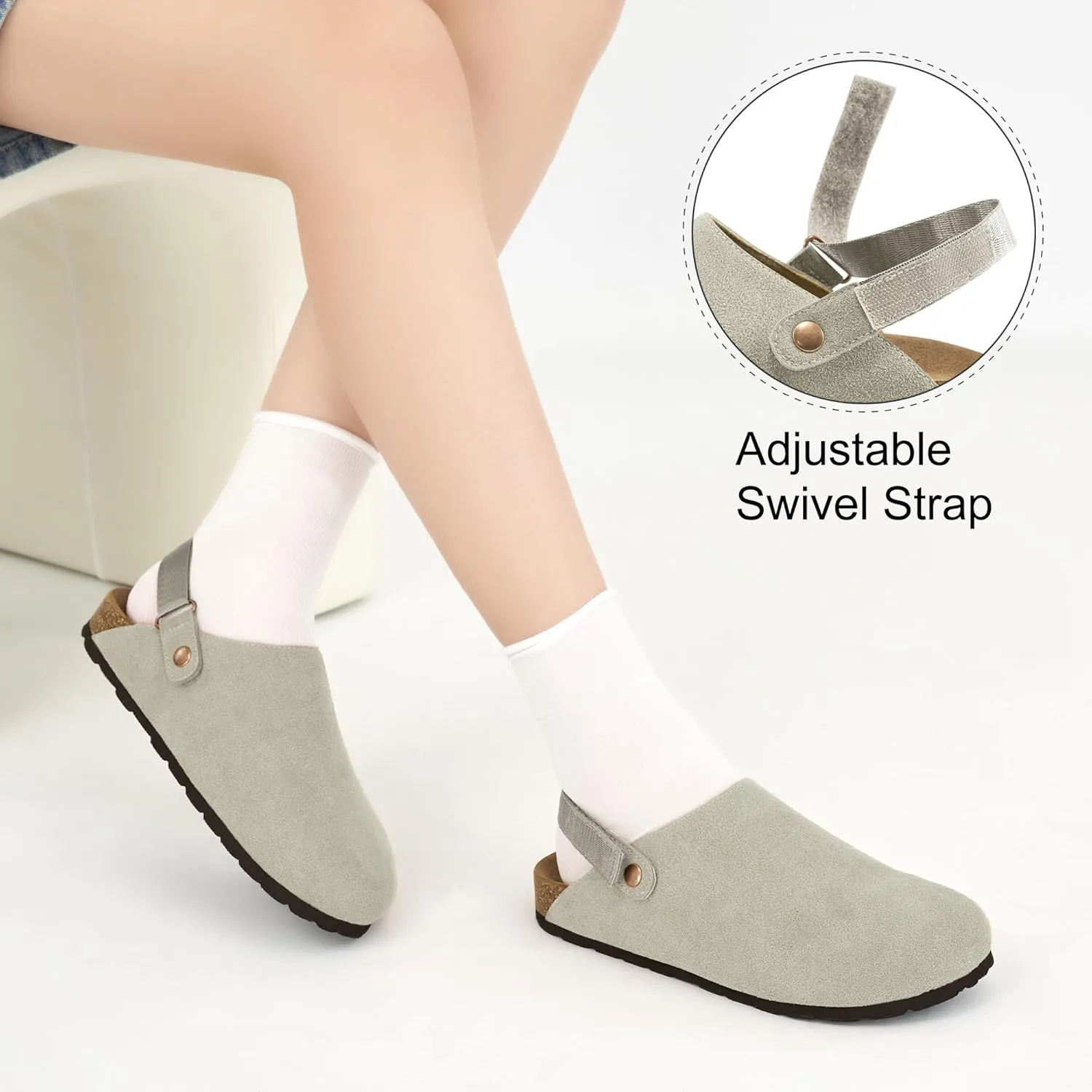 FUDYNMALC Womens Clogs Slip On Shoes: Suede Cork Footbed Mules Women 2025 Potato Slippers with Adjustable Swivel Strap