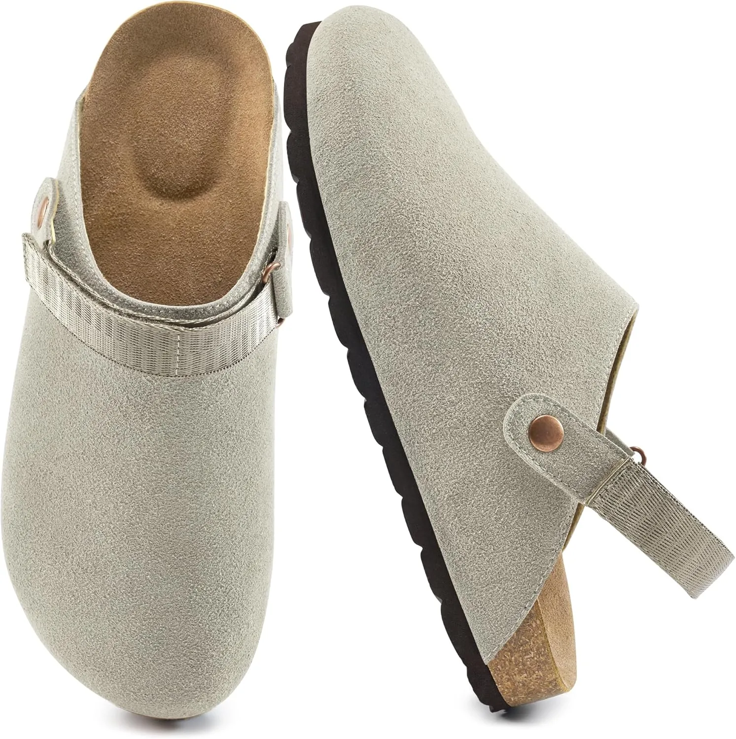 FUDYNMALC Womens Clogs Slip On Shoes: Suede Cork Footbed Mules Women 2025 Potato Slippers with Adjustable Swivel Strap