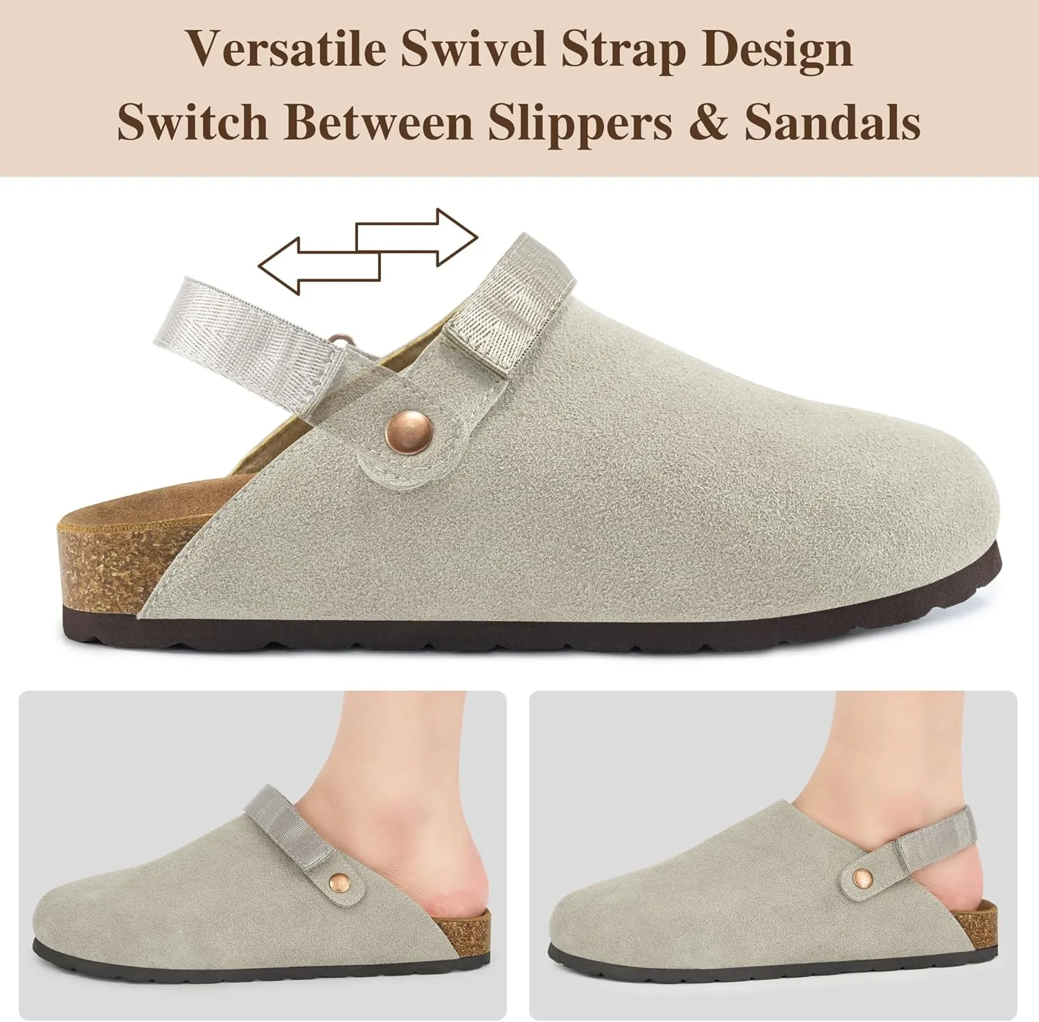 FUDYNMALC Womens Clogs Slip On Shoes: Suede Cork Footbed Mules Women 2025 Potato Slippers with Adjustable Swivel Strap