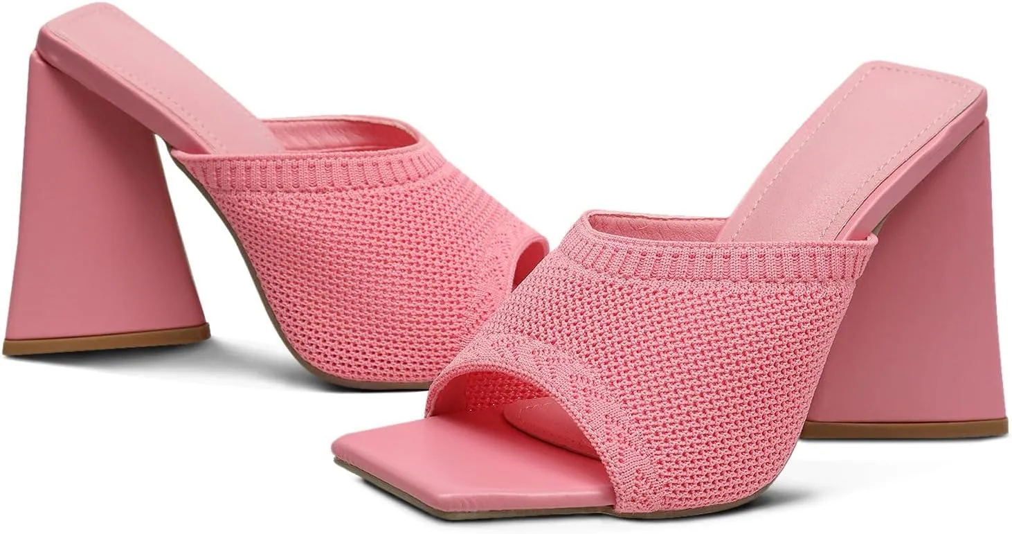 GATUXUS Women's Chunky High Heel Slide Sandals Square Open Toe Knit Breathable Slip On Mule Sandals Shoes