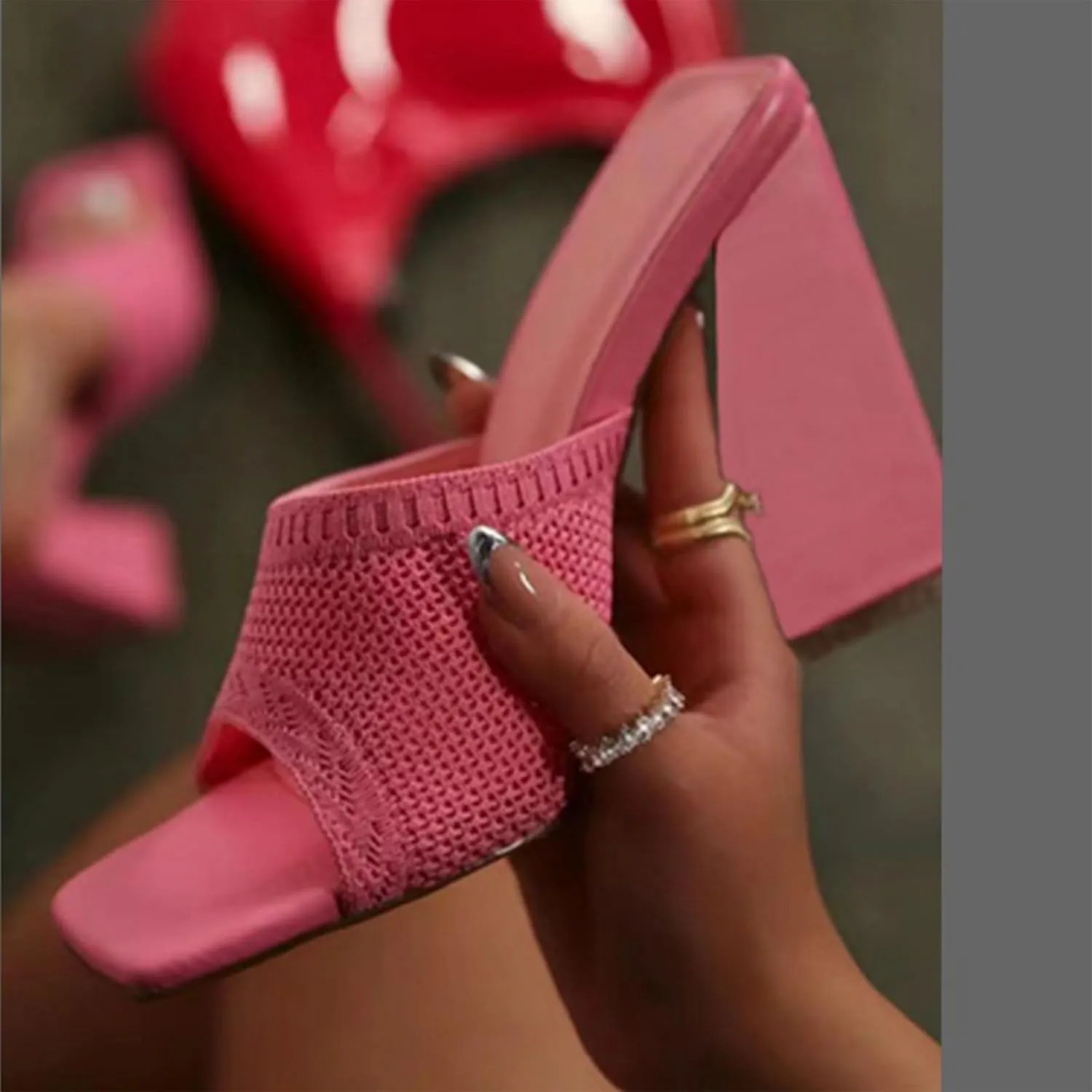 GATUXUS Women's Chunky High Heel Slide Sandals Square Open Toe Knit Breathable Slip On Mule Sandals Shoes