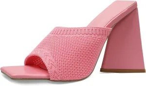 GATUXUS Women's Chunky High Heel Slide Sandals Square Open Toe Knit Breathable Slip On Mule Sandals Shoes