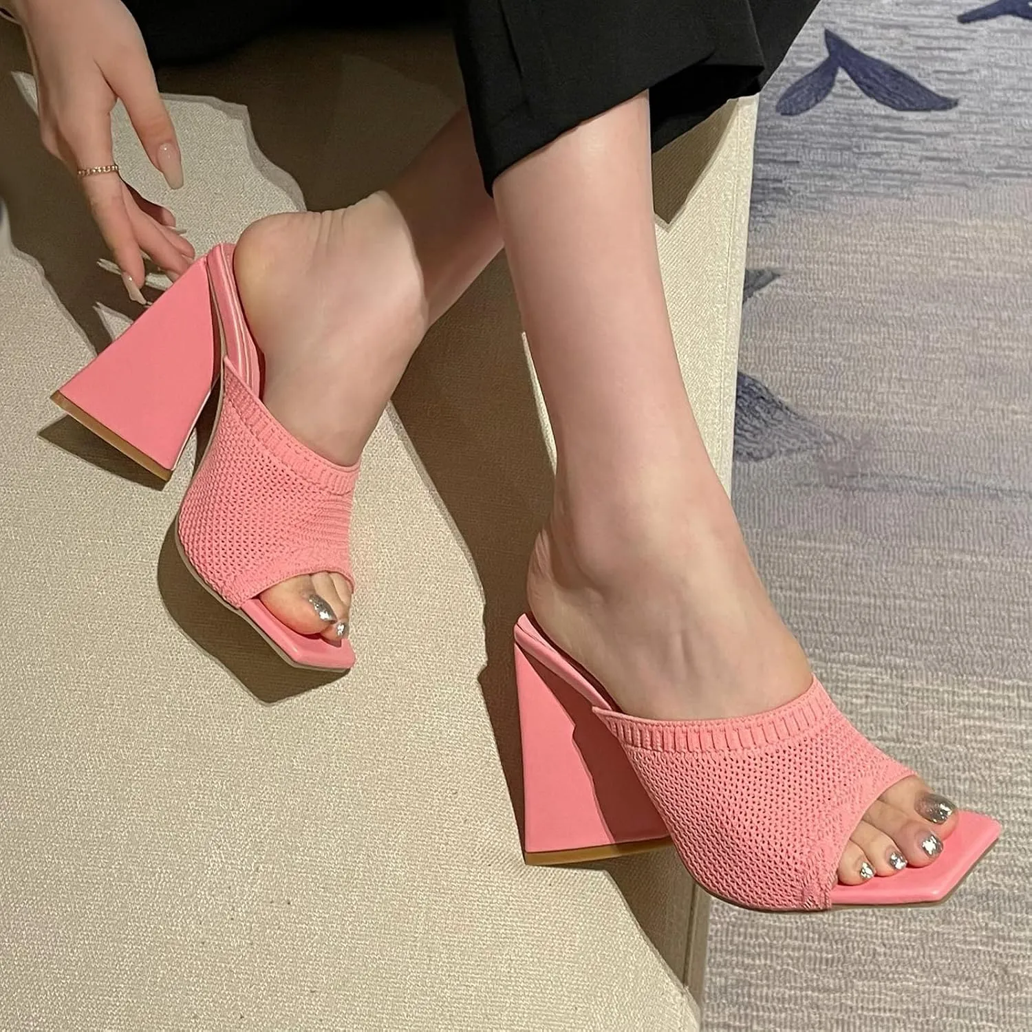 GATUXUS Women's Chunky High Heel Slide Sandals Square Open Toe Knit Breathable Slip On Mule Sandals Shoes