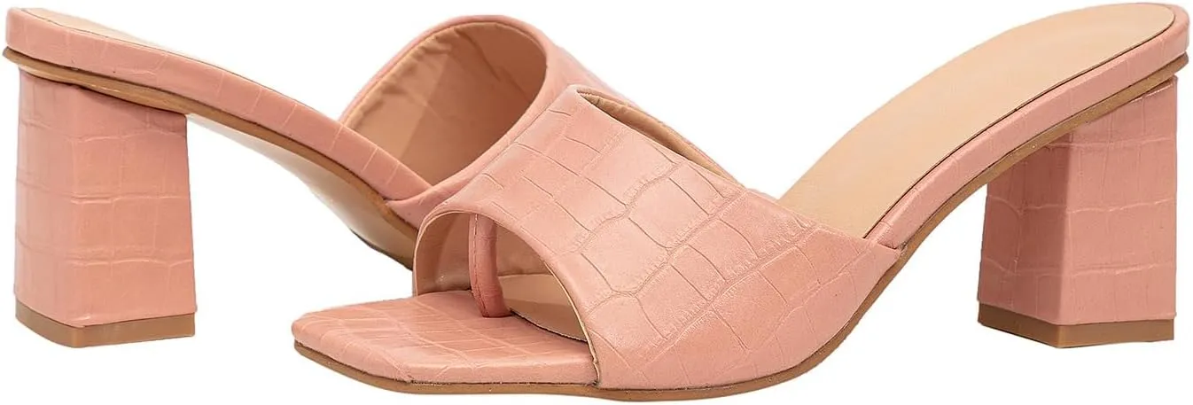 GATUXUS Women's Low Block High Heels Slides Sandals Crocodile Print Square Open Toe Slip On Dress Mule Shoes