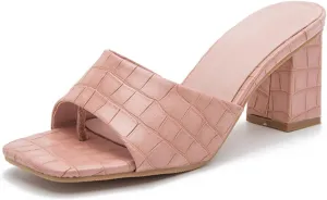 GATUXUS Women's Low Block High Heels Slides Sandals Crocodile Print Square Open Toe Slip On Dress Mule Shoes