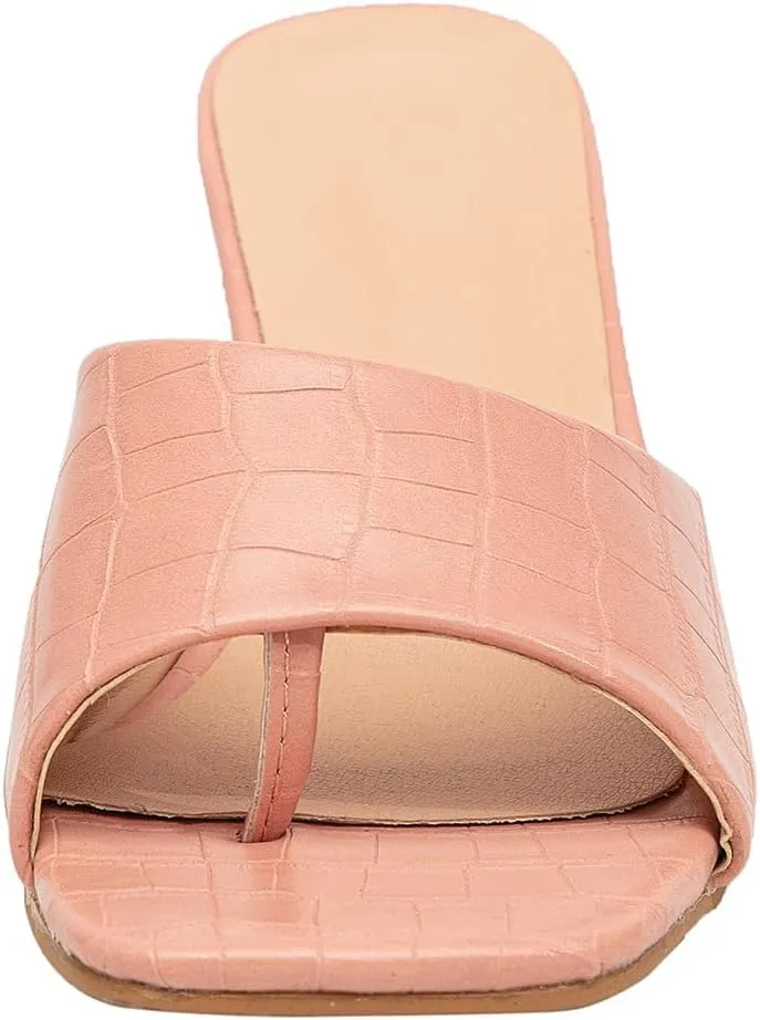 GATUXUS Women's Low Block High Heels Slides Sandals Crocodile Print Square Open Toe Slip On Dress Mule Shoes