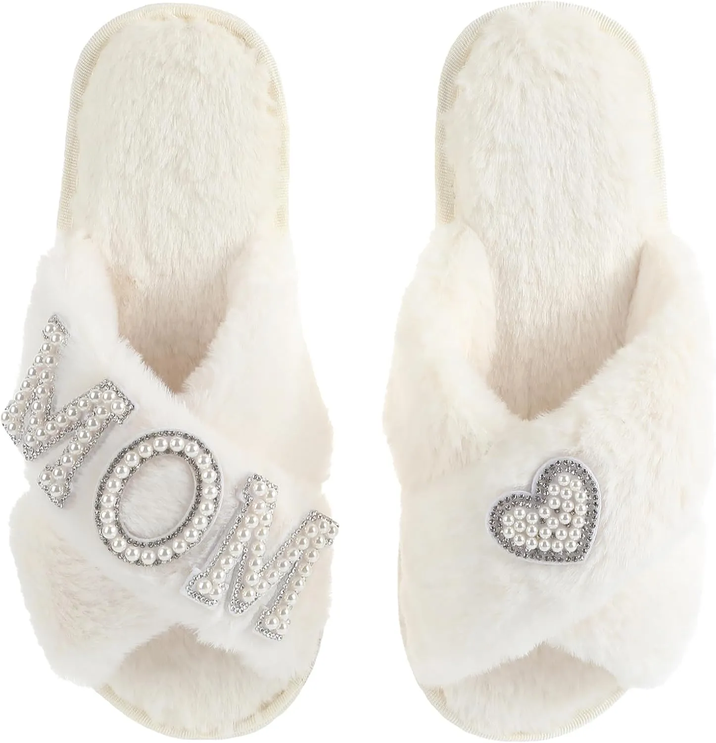 Gifts for Mom from Daughter Son Cozy Fuzzy House Slippers with Heart Pearls for Women Mothers Day Gifts