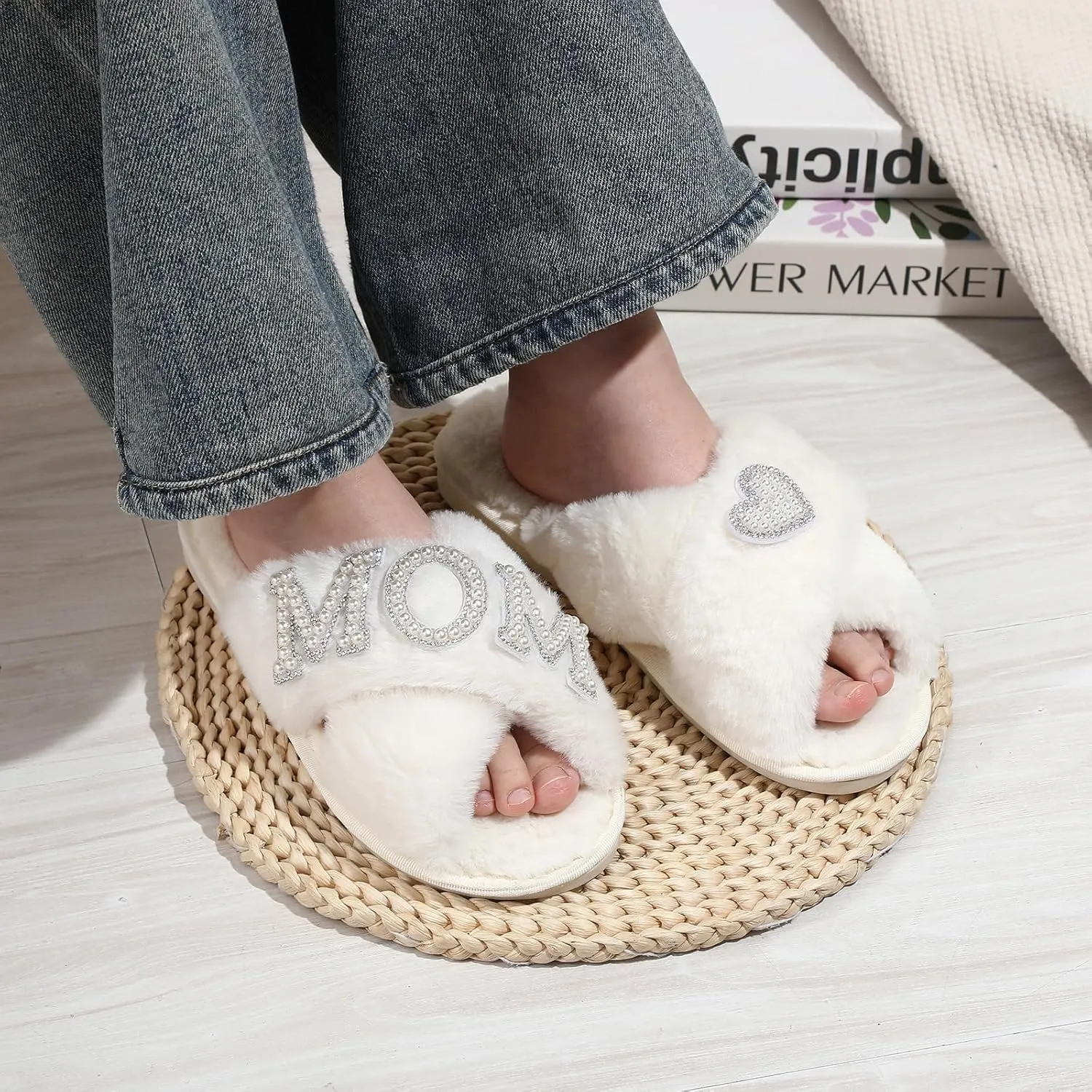 Gifts for Mom from Daughter Son Cozy Fuzzy House Slippers with Heart Pearls for Women Mothers Day Gifts
