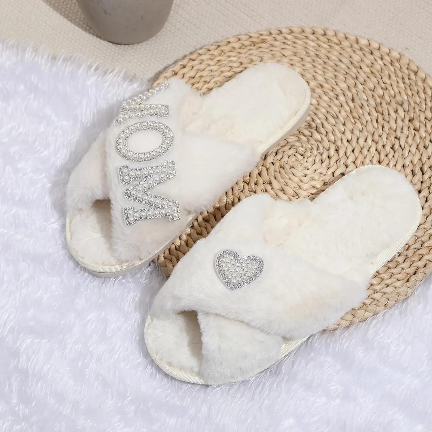 Gifts for Mom from Daughter Son Cozy Fuzzy House Slippers with Heart Pearls for Women Mothers Day Gifts