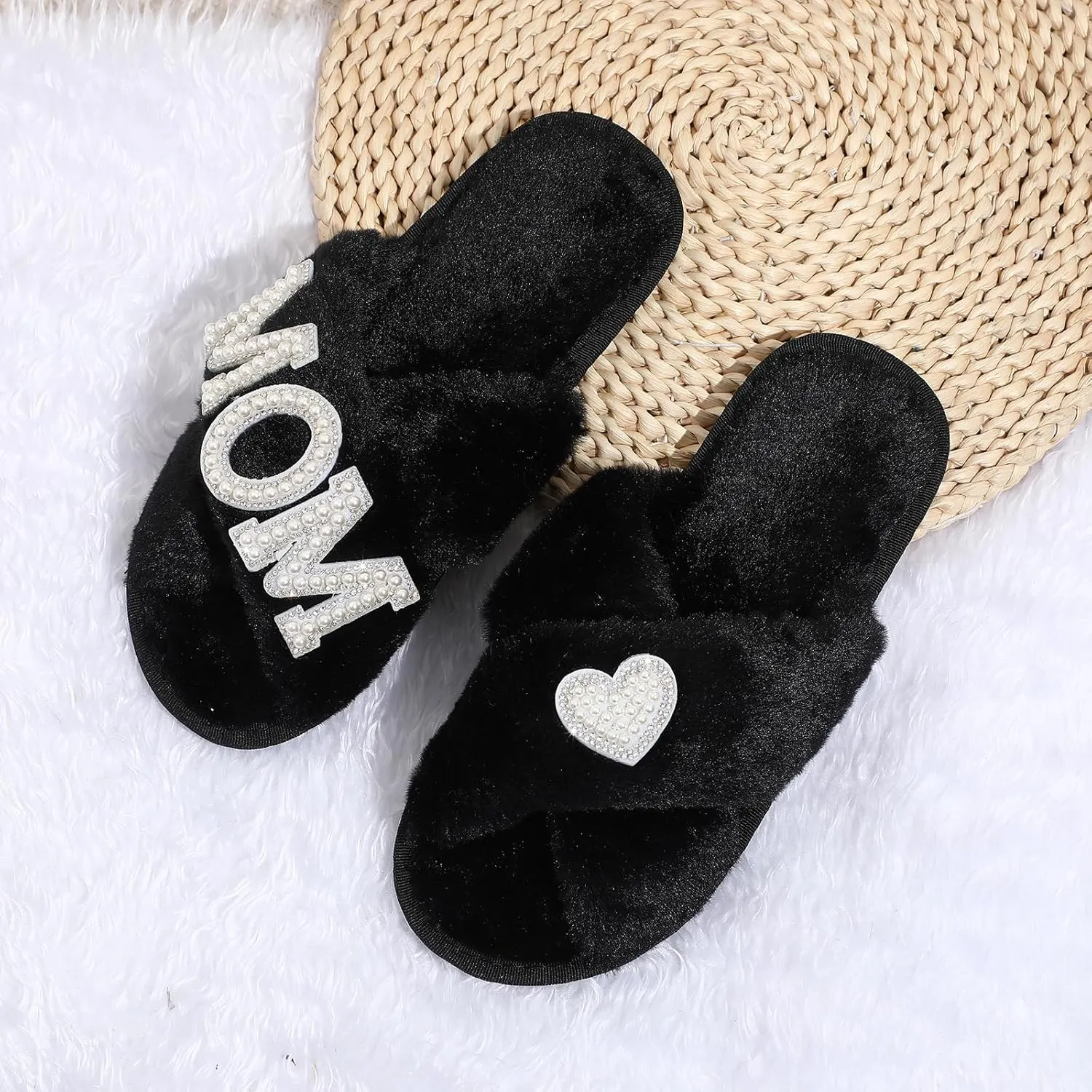 Gifts for Mom from Daughter Son Cozy Fuzzy House Slippers with Heart Pearls for Women Mothers Day Gifts