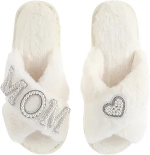 Gifts for Mom from Daughter Son Cozy Fuzzy House Slippers with Heart Pearls for Women Mothers Day Gifts