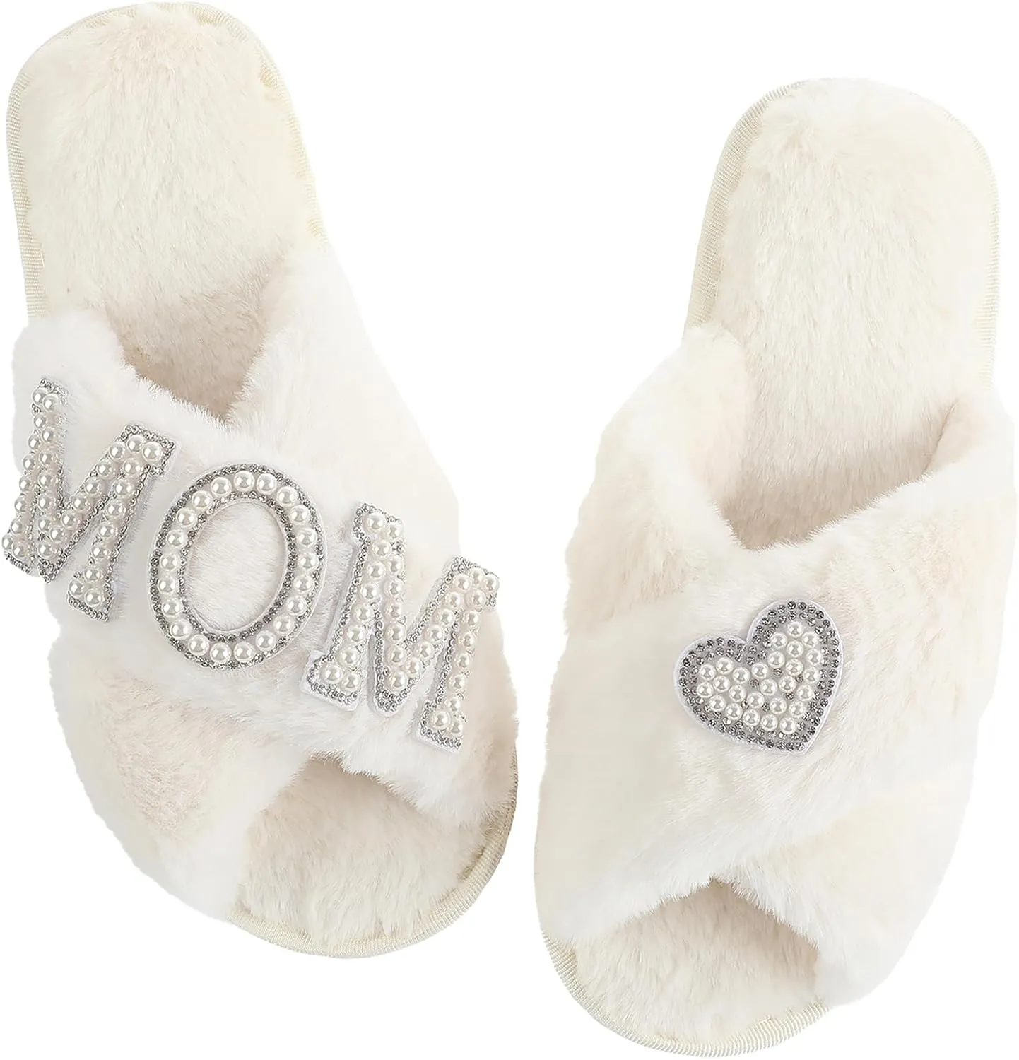 Gifts for Mom from Daughter Son Cozy Fuzzy House Slippers with Heart Pearls for Women Mothers Day Gifts