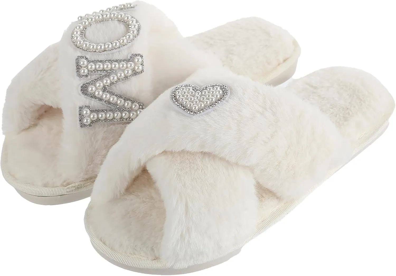 Gifts for Mom from Daughter Son Cozy Fuzzy House Slippers with Heart Pearls for Women Mothers Day Gifts