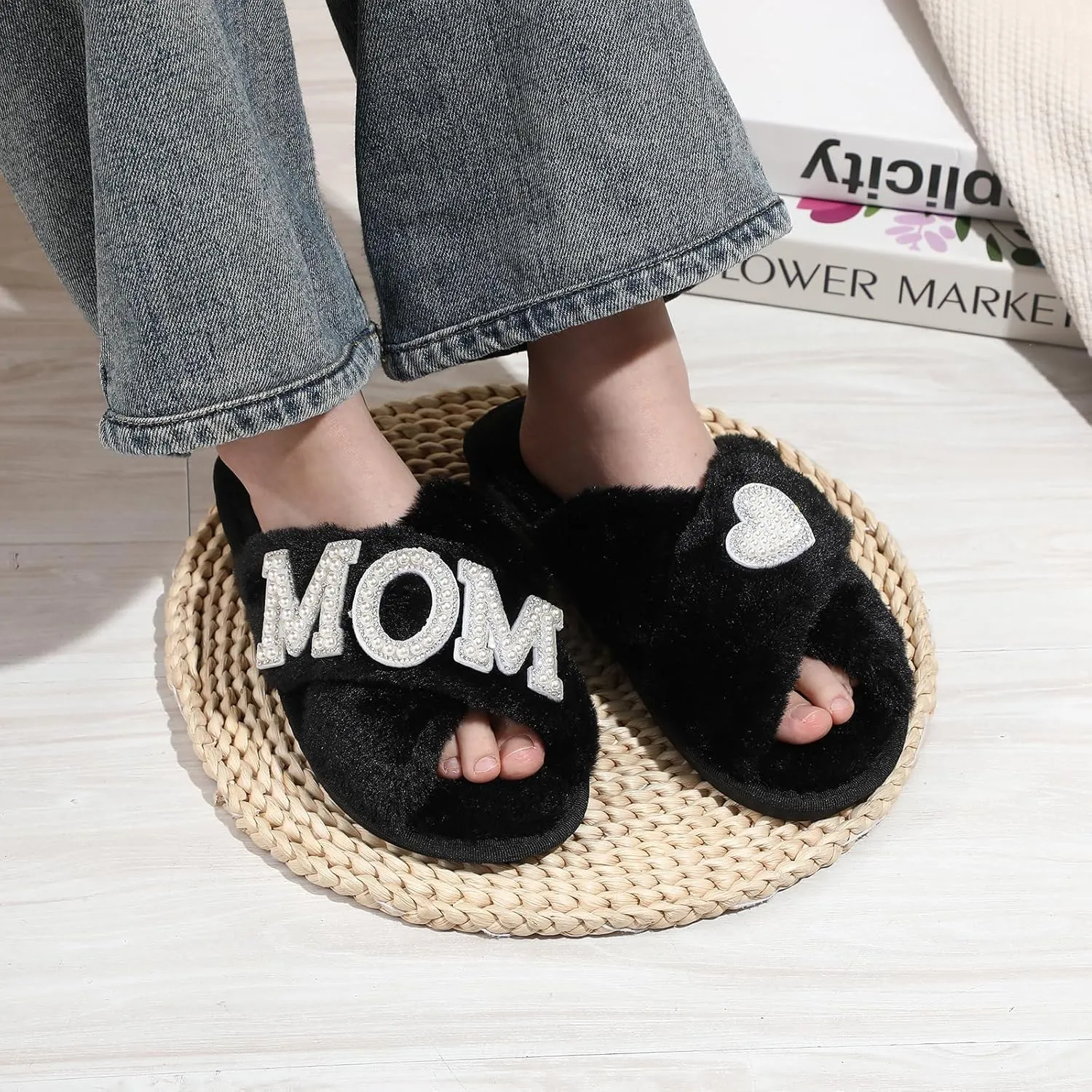 Gifts for Mom from Daughter Son Cozy Fuzzy House Slippers with Heart Pearls for Women Mothers Day Gifts