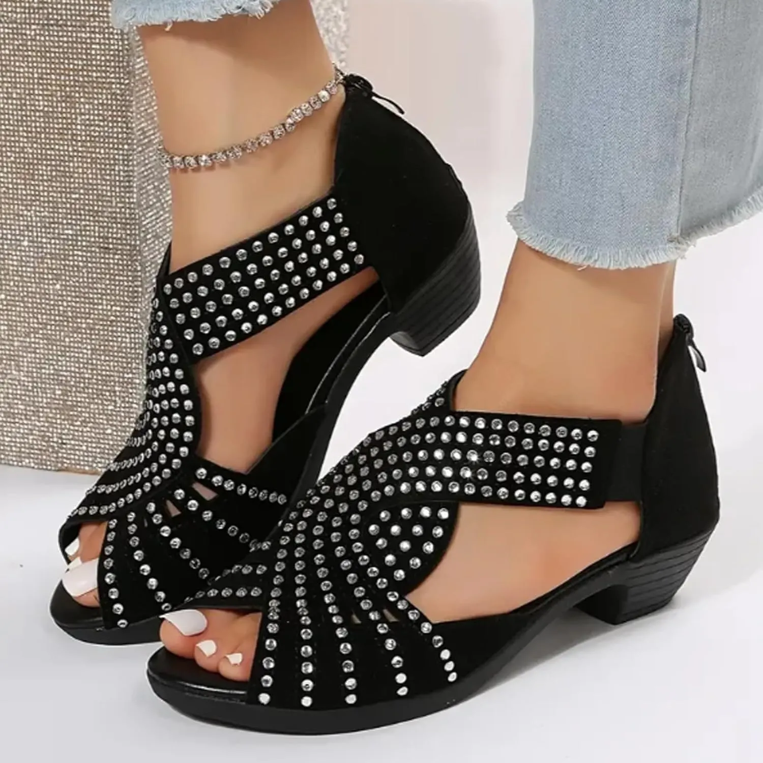 Glowstep Orthopedic Low Heel Cut-Out Sandals, Soipeshop Orthopedic Sandals, Comfortable Sports Slippers - Arch Support, Sparkly Rhinestone Open Toe Dress Shoes for Women, Non-Slip Shoes