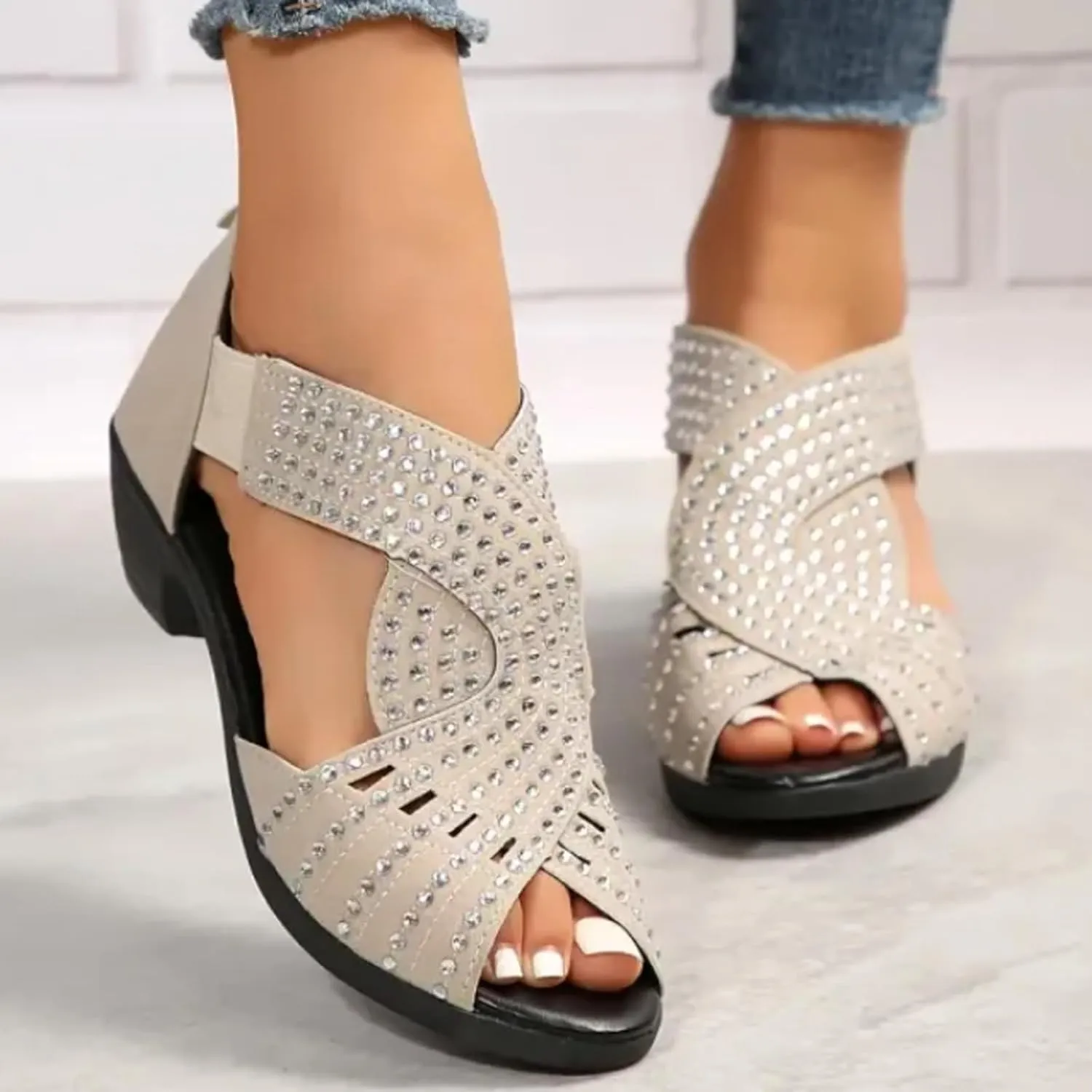 Glowstep Orthopedic Low Heel Cut-Out Sandals, Soipeshop Orthopedic Sandals, Comfortable Sports Slippers - Arch Support, Sparkly Rhinestone Open Toe Dress Shoes for Women, Non-Slip Shoes