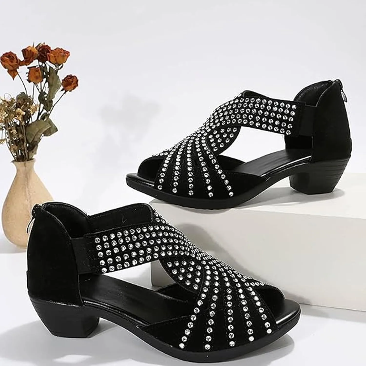 Glowstep Orthopedic Low Heel Cut-Out Sandals, Soipeshop Orthopedic Sandals, Comfortable Sports Slippers - Arch Support, Sparkly Rhinestone Open Toe Dress Shoes for Women, Non-Slip Shoes