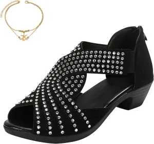 Glowstep Orthopedic Low Heel Cut-Out Sandals, Soipeshop Orthopedic Sandals, Comfortable Sports Slippers - Arch Support, Sparkly Rhinestone Open Toe Dress Shoes for Women, Non-Slip Shoes