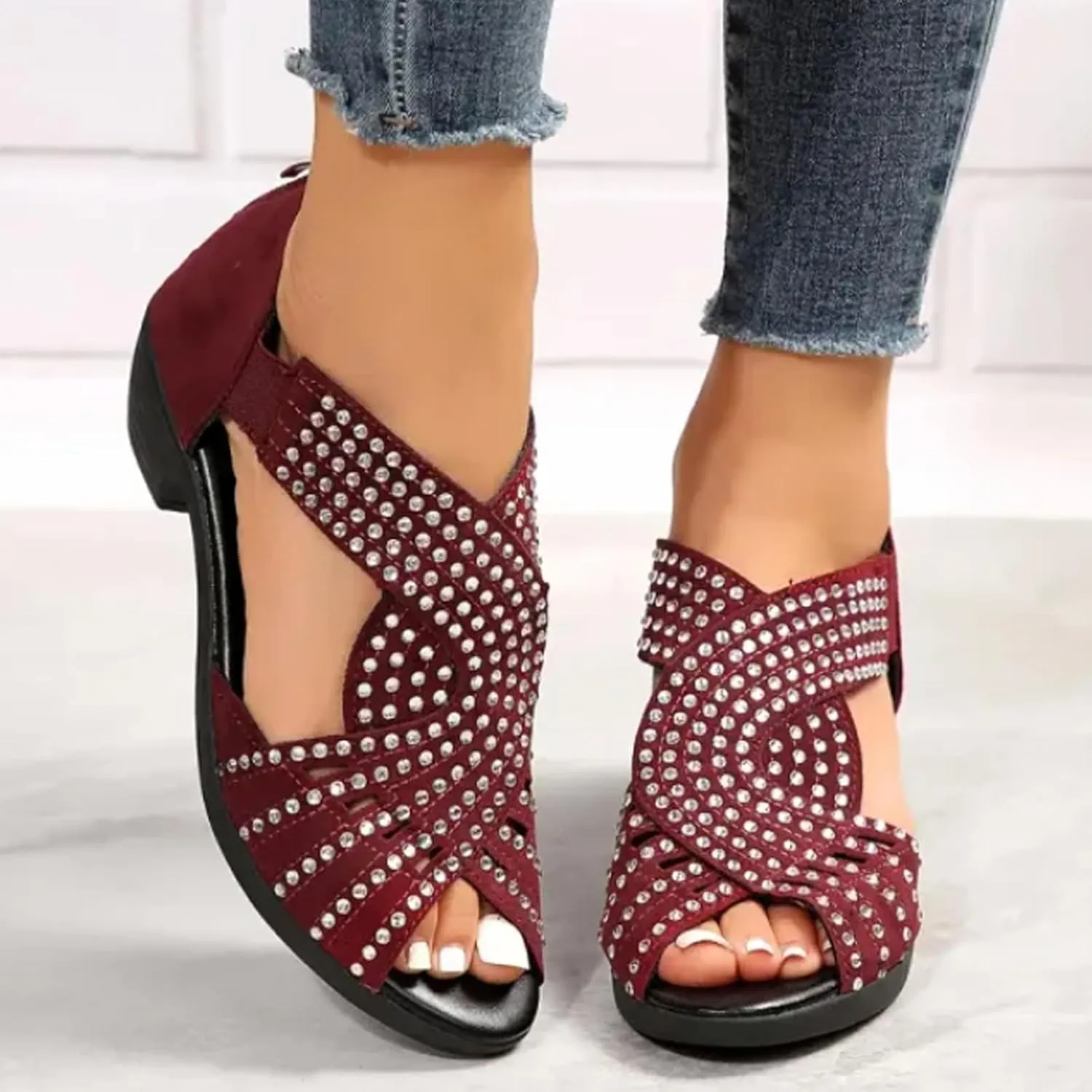 Glowstep Orthopedic Low Heel Cut-Out Sandals, Soipeshop Orthopedic Sandals, Comfortable Sports Slippers - Arch Support, Sparkly Rhinestone Open Toe Dress Shoes for Women, Non-Slip Shoes