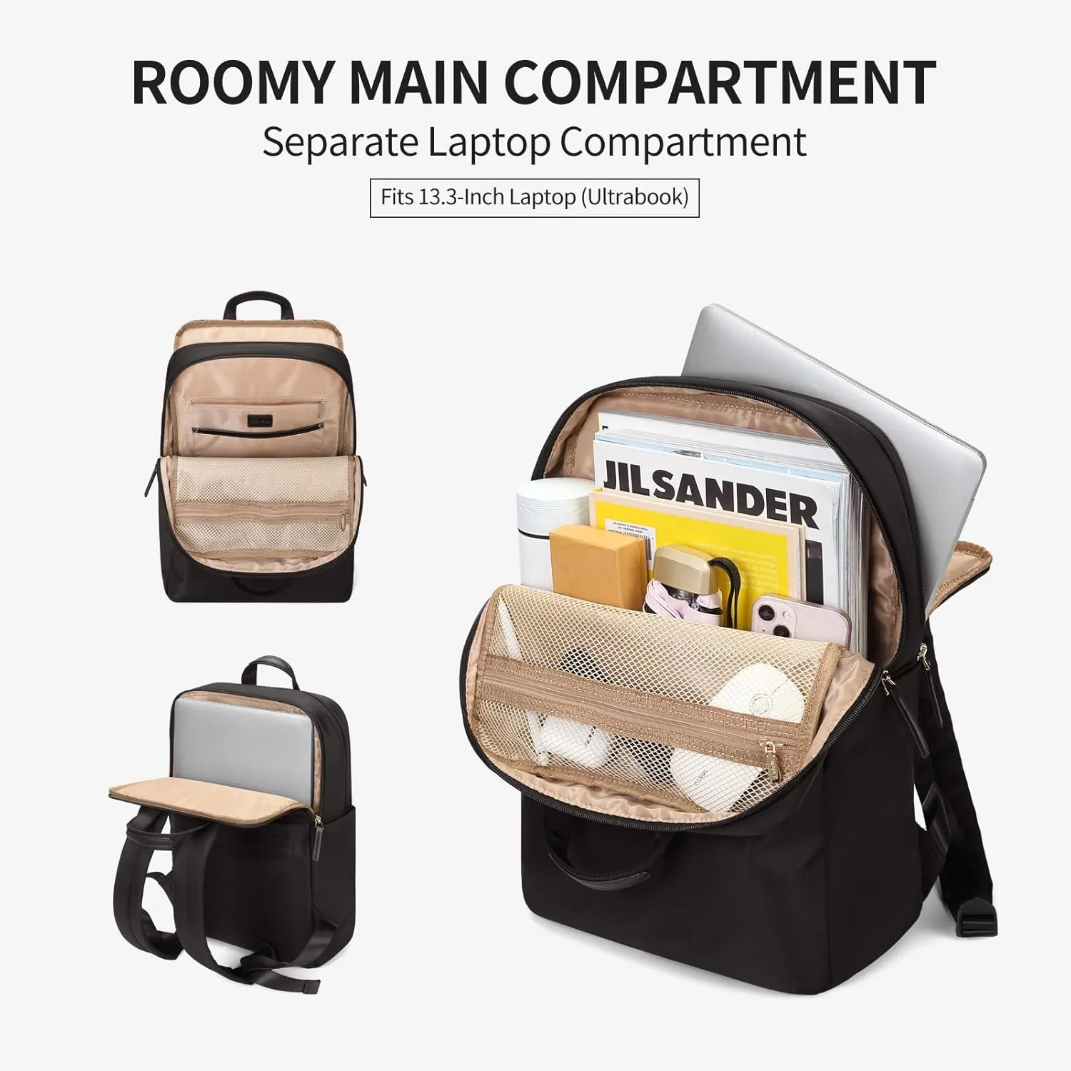 GOLF SUPAGS Travel Laptop Backpack for Women Anti Theft Slim Durable College Bookbag Business Computer Bag Fit 13.3Inch Notebook (Black, 13.3Inch)