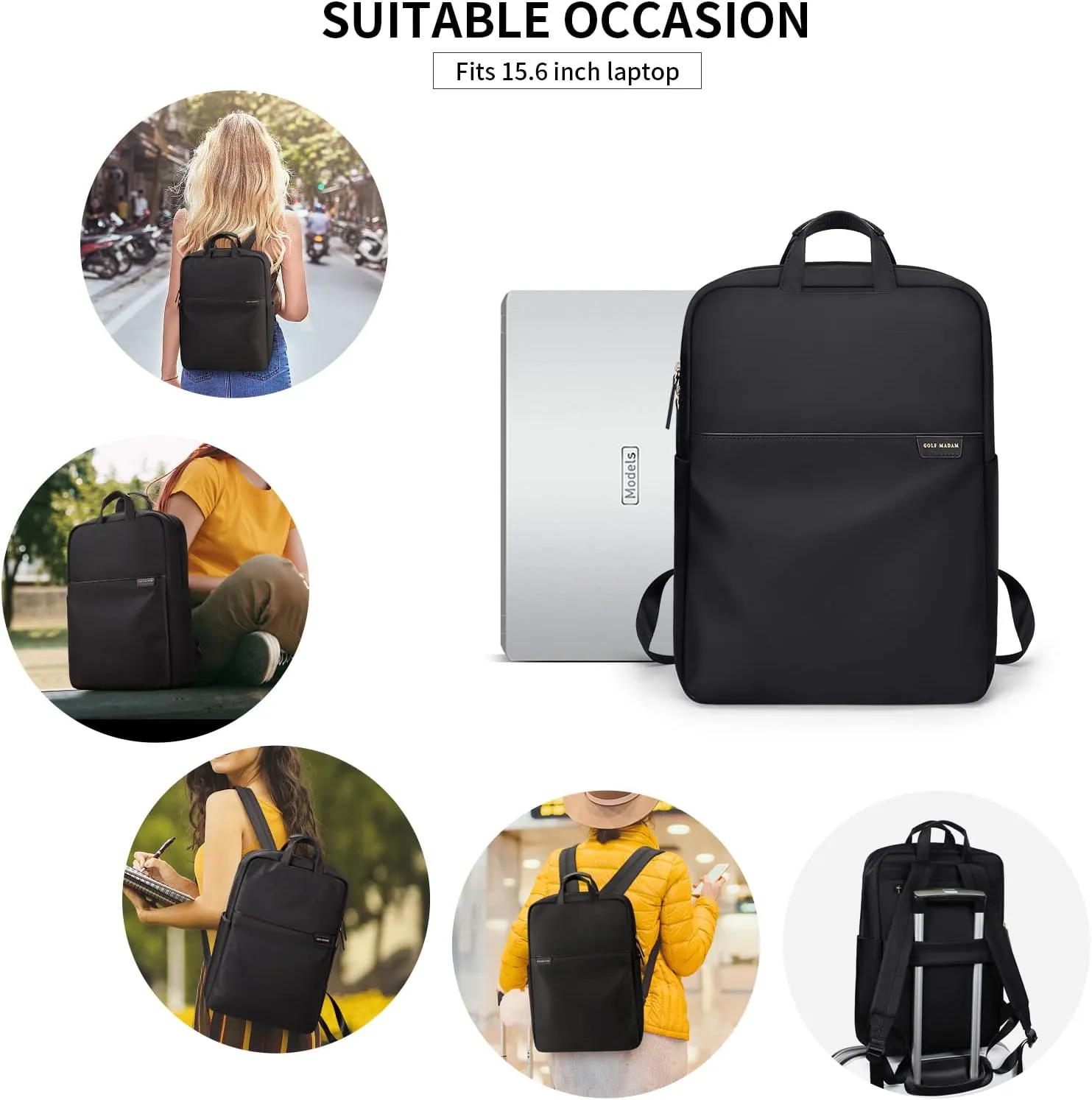 GOLF SUPAGS Travel Laptop Backpack for Women Anti Theft Slim Durable College Bookbag Business Computer Bag Fit 15.6Inch Notebook (Black, 15.6Inch)