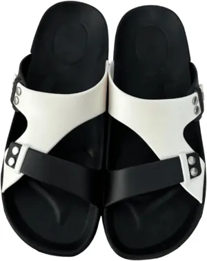 GORGLITTER Men's Beach Leather Color Block Cut Out Sandals Open Toe Slip On Flat Shoes Studded Slide