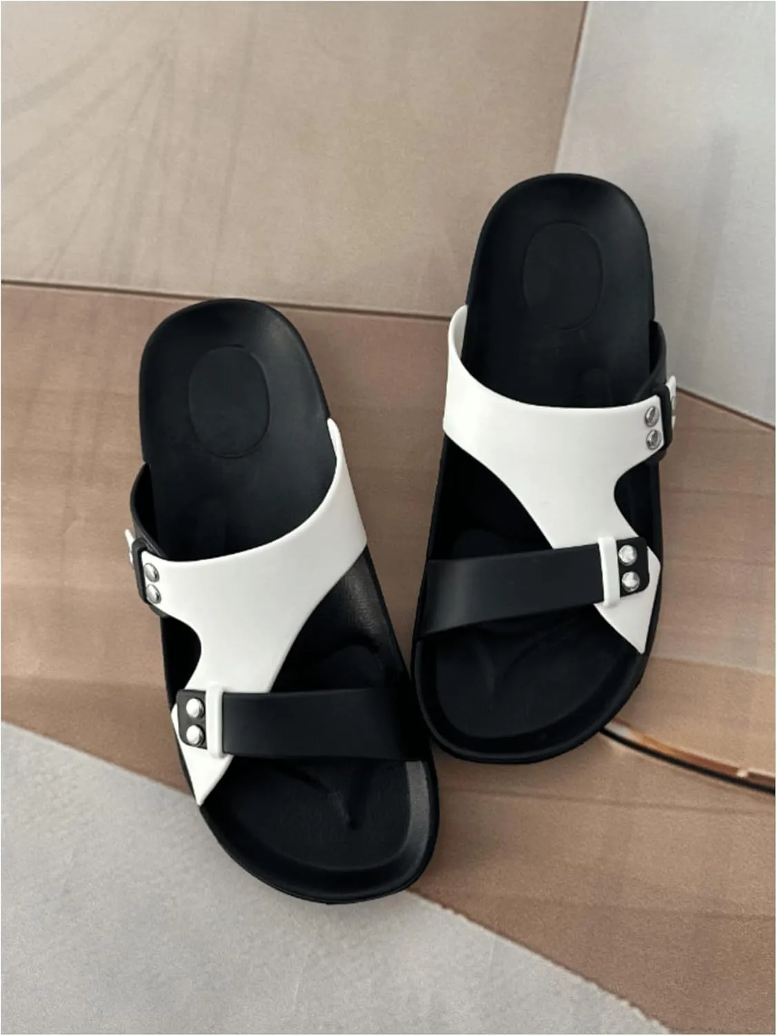 GORGLITTER Men's Beach Leather Color Block Cut Out Sandals Open Toe Slip On Flat Shoes Studded Slide