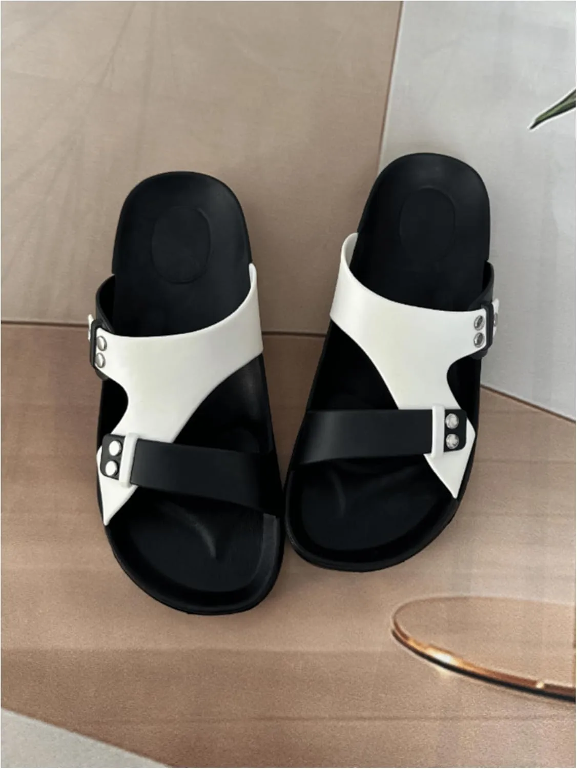 GORGLITTER Men's Beach Leather Color Block Cut Out Sandals Open Toe Slip On Flat Shoes Studded Slide