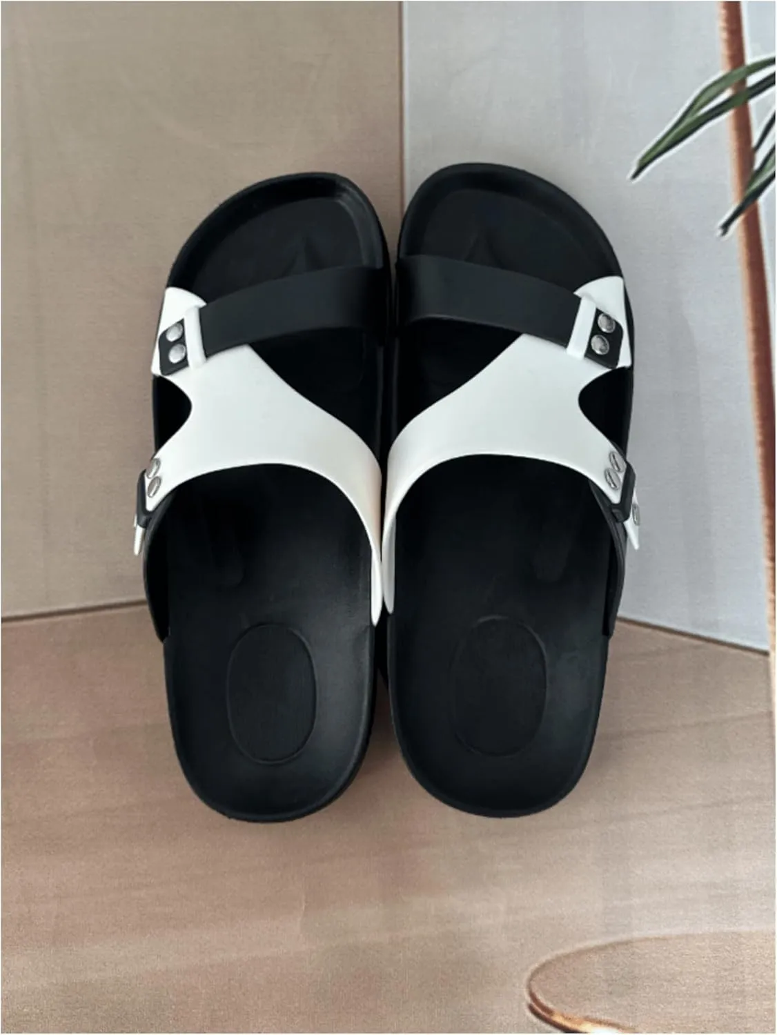 GORGLITTER Men's Beach Leather Color Block Cut Out Sandals Open Toe Slip On Flat Shoes Studded Slide
