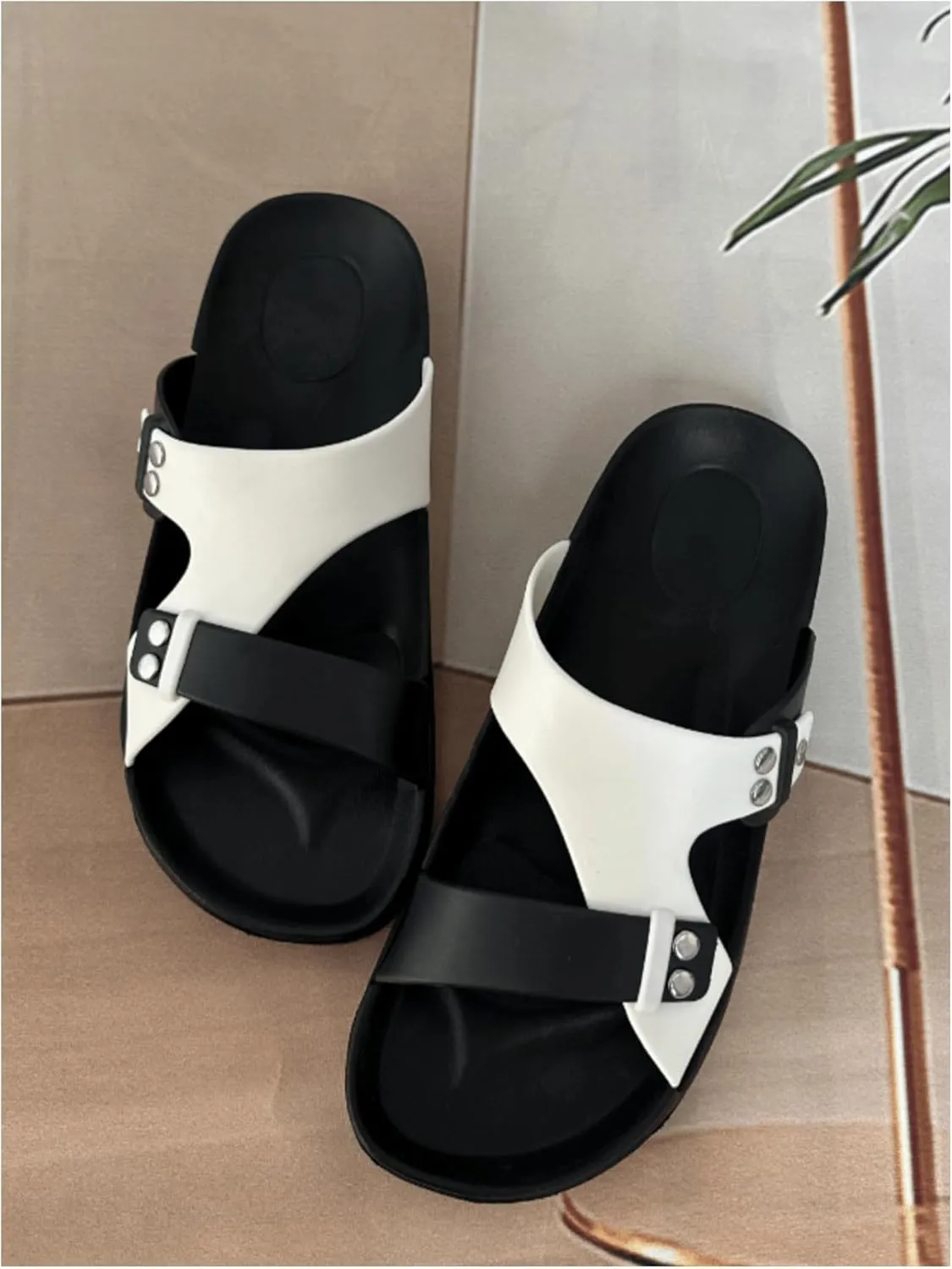 GORGLITTER Men's Beach Leather Color Block Cut Out Sandals Open Toe Slip On Flat Shoes Studded Slide