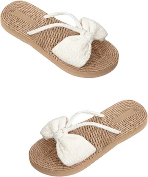 GORGLITTER Women's Bow Flat Sandals Summer Round Open Toe Slide Sandals Braided Straw Vacation Slip On Sandals