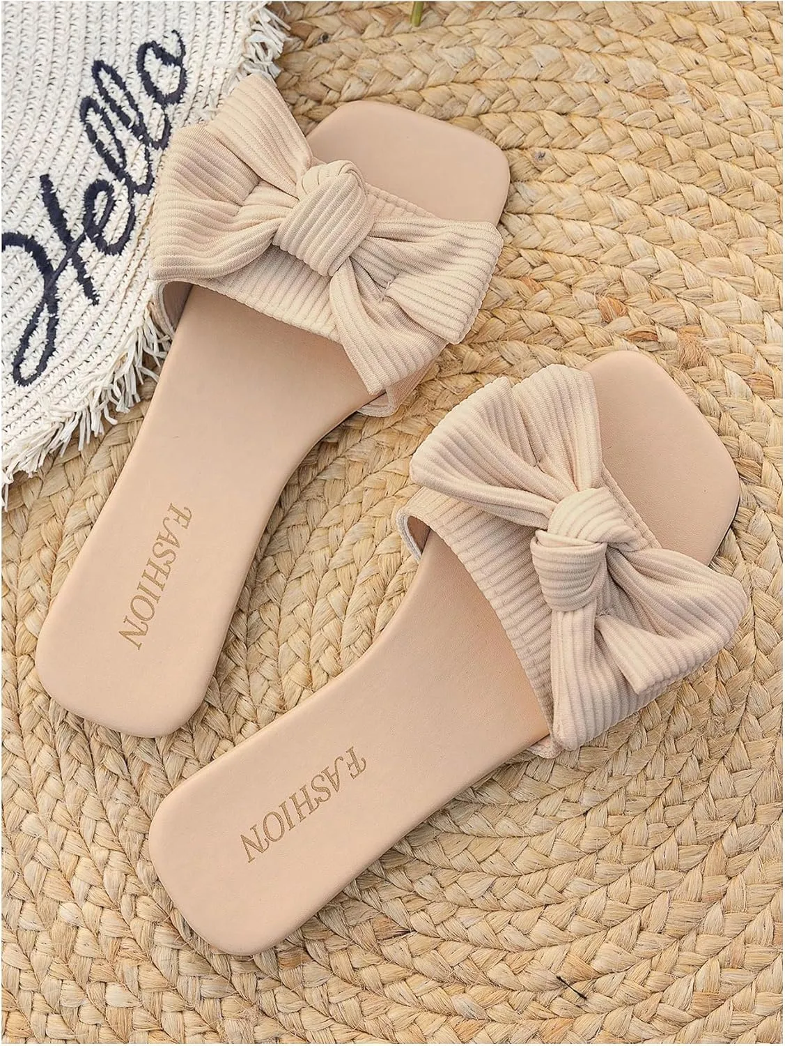 GORGLITTER Women's Bow Knit Flat Sandals Slip On Open Toe Vacation Beach Slide Sandals