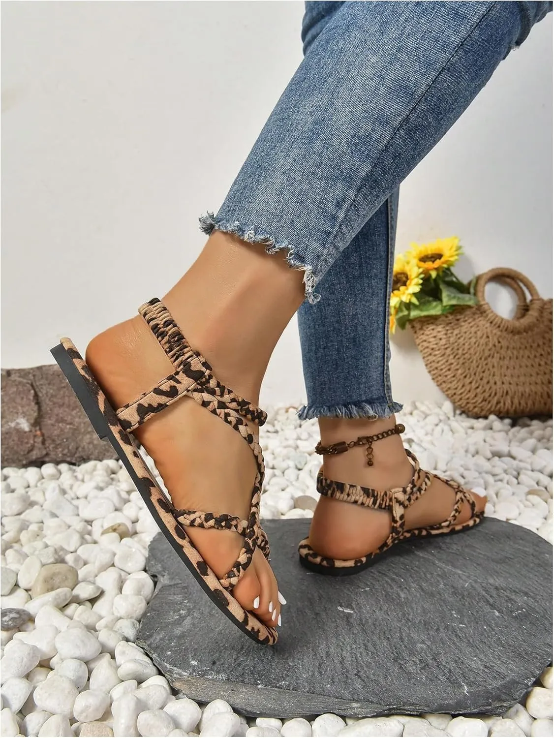 GORGLITTER Women's Leopard Strappy Sandals Open Toe Criss Cross Open Toe Summer Dressy Slide Sandals