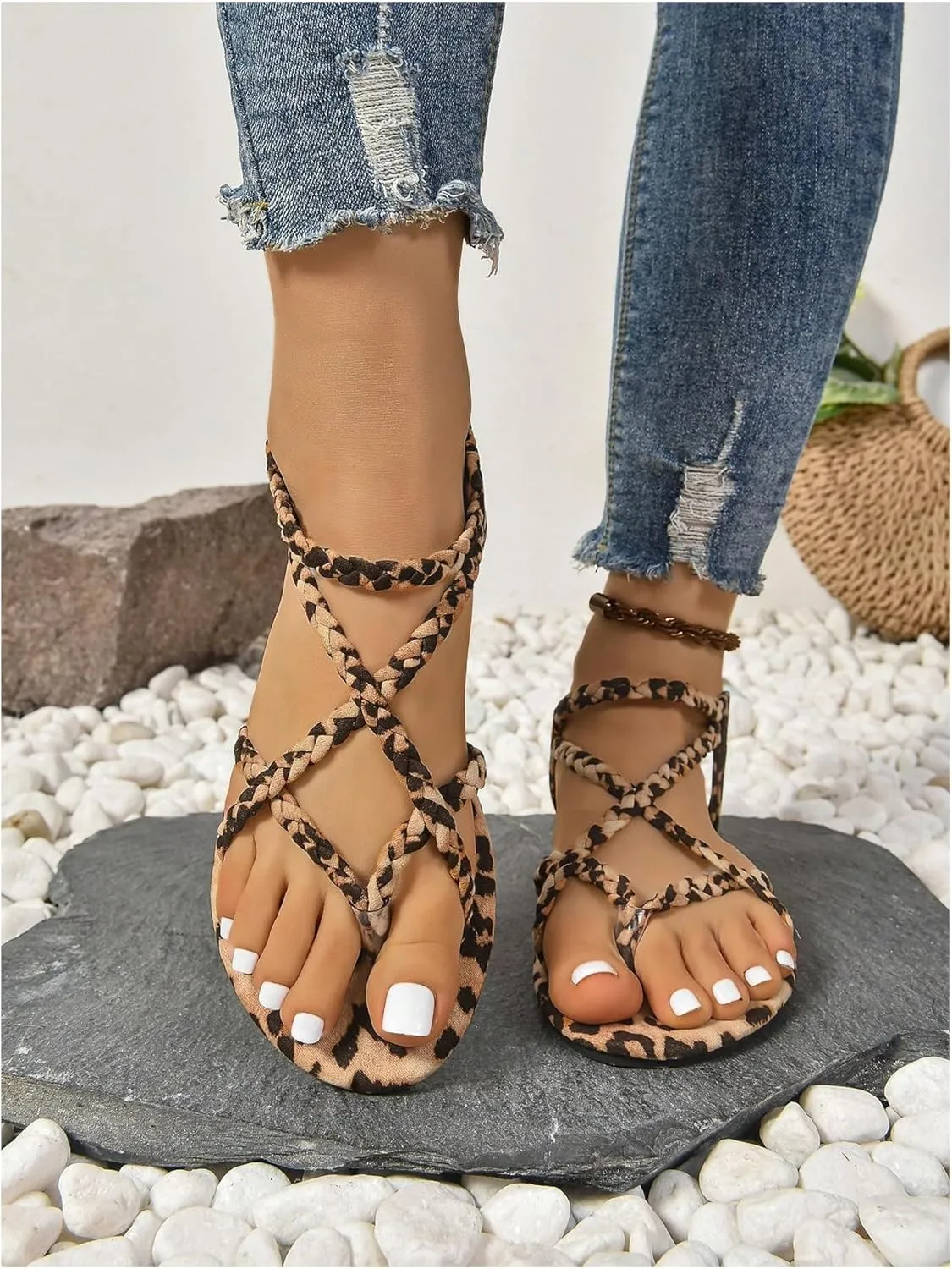 GORGLITTER Women's Leopard Strappy Sandals Open Toe Criss Cross Open Toe Summer Dressy Slide Sandals