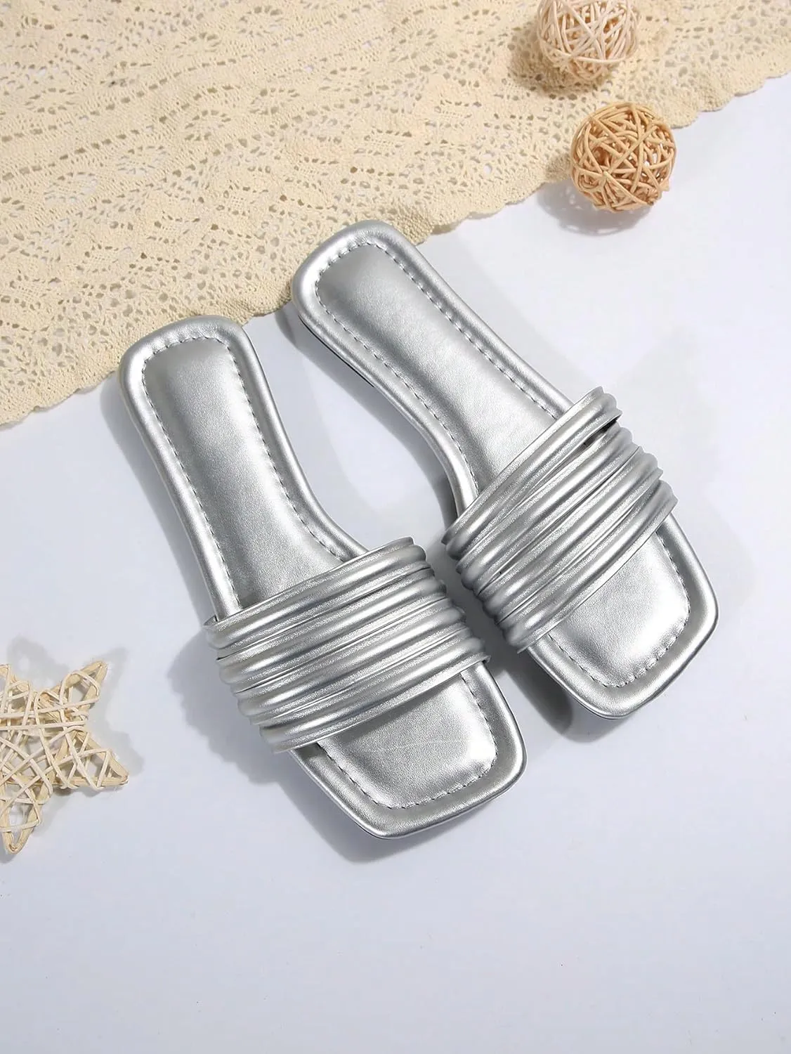 GORGLITTER Women's Metallic Flat Sandals Comfortable Open Toe Slide Sandals