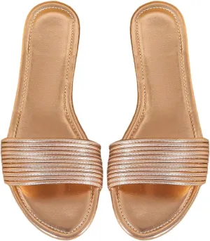GORGLITTER Women's Metallic Flat Sandals Dressy 2025 Open Toe Summer Beach Slides