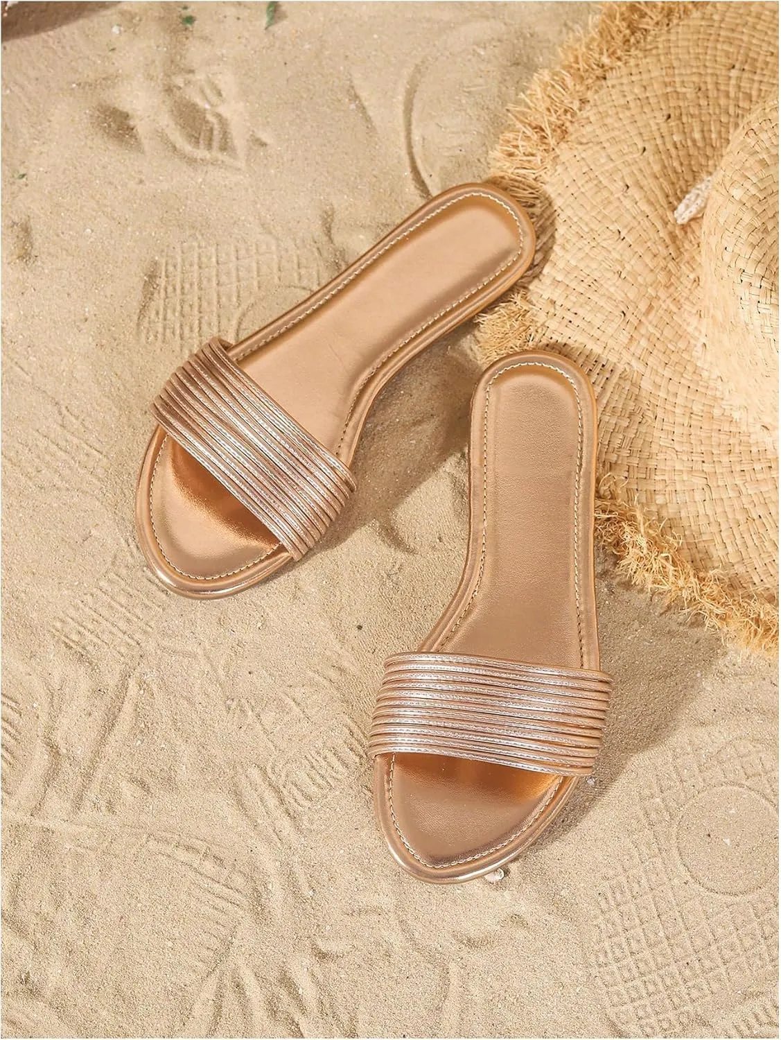 GORGLITTER Women's Metallic Flat Sandals Dressy 2025 Open Toe Summer Beach Slides