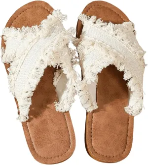 GORGLITTER Women's Tassel Raw Trim Flat Sandals Criss Cross Open Toe Slip On Slide Sandals