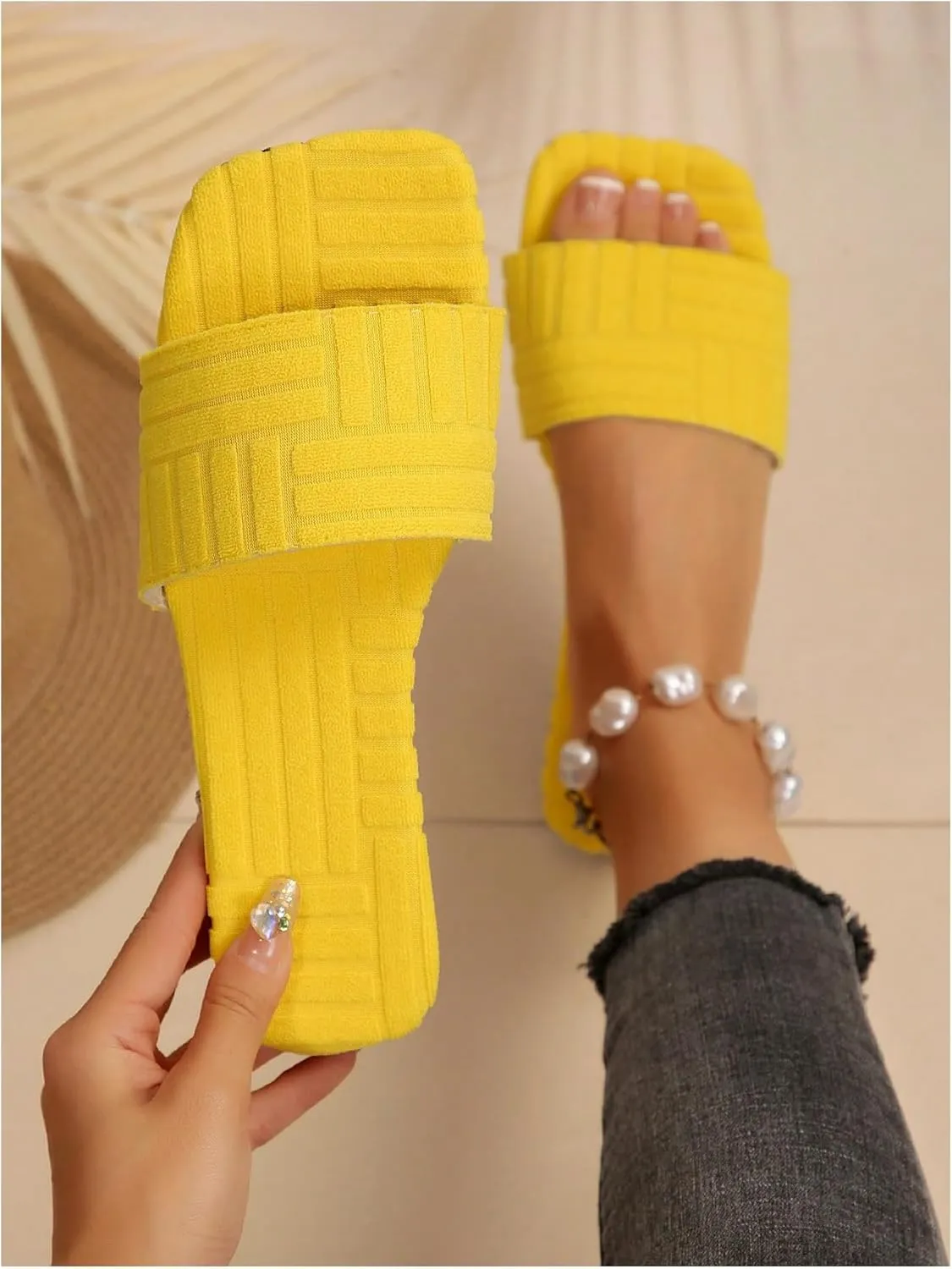 GORGLITTER Women's Textured Slip On Dressy Flats Square Open Toe Vacation Slide Sandals