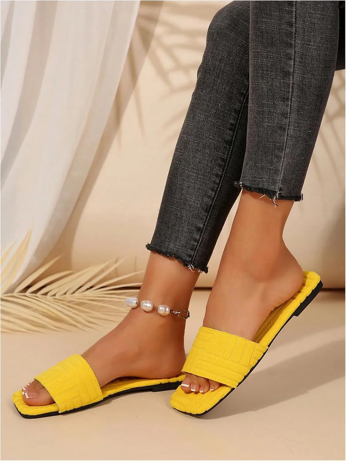 GORGLITTER Women's Textured Slip On Dressy Flats Square Open Toe Vacation Slide Sandals