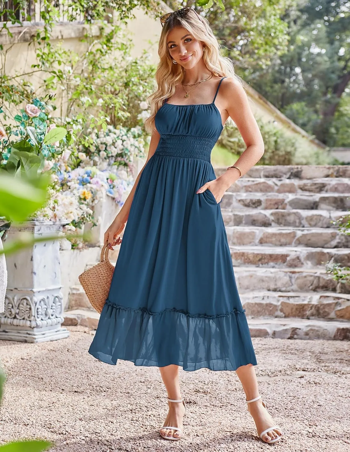 GRACE KARIN Womens 2025 Summer Dress Casual Sleeveless Spaghetti Strap Smocked Ruffle Beach Long Maxi Dress with Pockets