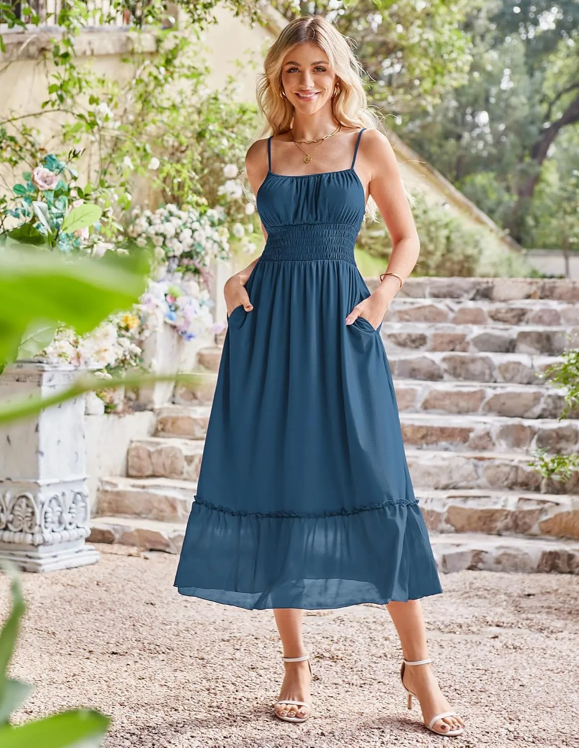 GRACE KARIN Womens 2025 Summer Dress Casual Sleeveless Spaghetti Strap Smocked Ruffle Beach Long Maxi Dress with Pockets