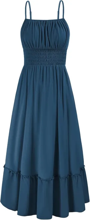 GRACE KARIN Womens 2025 Summer Dress Casual Sleeveless Spaghetti Strap Smocked Ruffle Beach Long Maxi Dress with Pockets