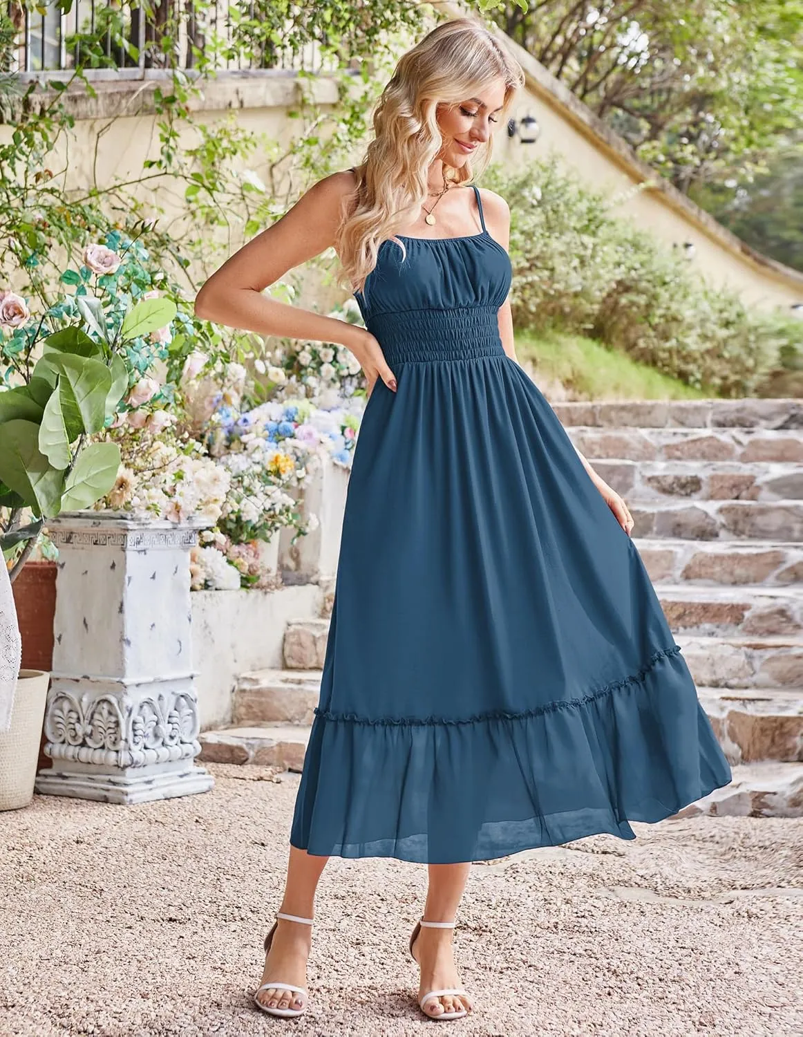 GRACE KARIN Womens 2025 Summer Dress Casual Sleeveless Spaghetti Strap Smocked Ruffle Beach Long Maxi Dress with Pockets