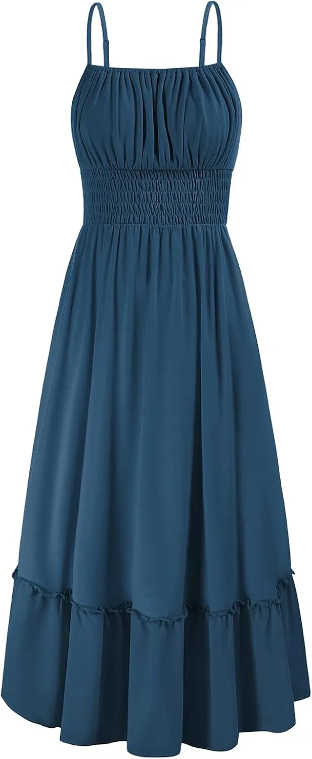 GRACE KARIN Womens 2025 Summer Dress Casual Sleeveless Spaghetti Strap Smocked Ruffle Beach Long Maxi Dress with Pockets