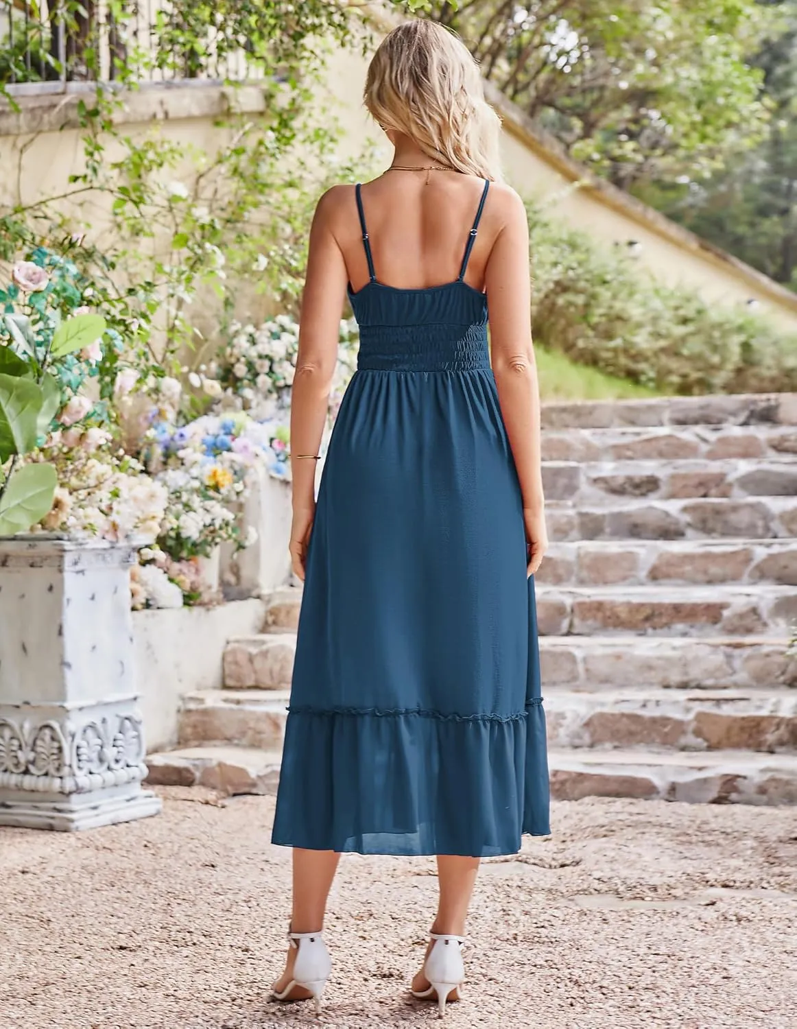 GRACE KARIN Womens 2025 Summer Dress Casual Sleeveless Spaghetti Strap Smocked Ruffle Beach Long Maxi Dress with Pockets