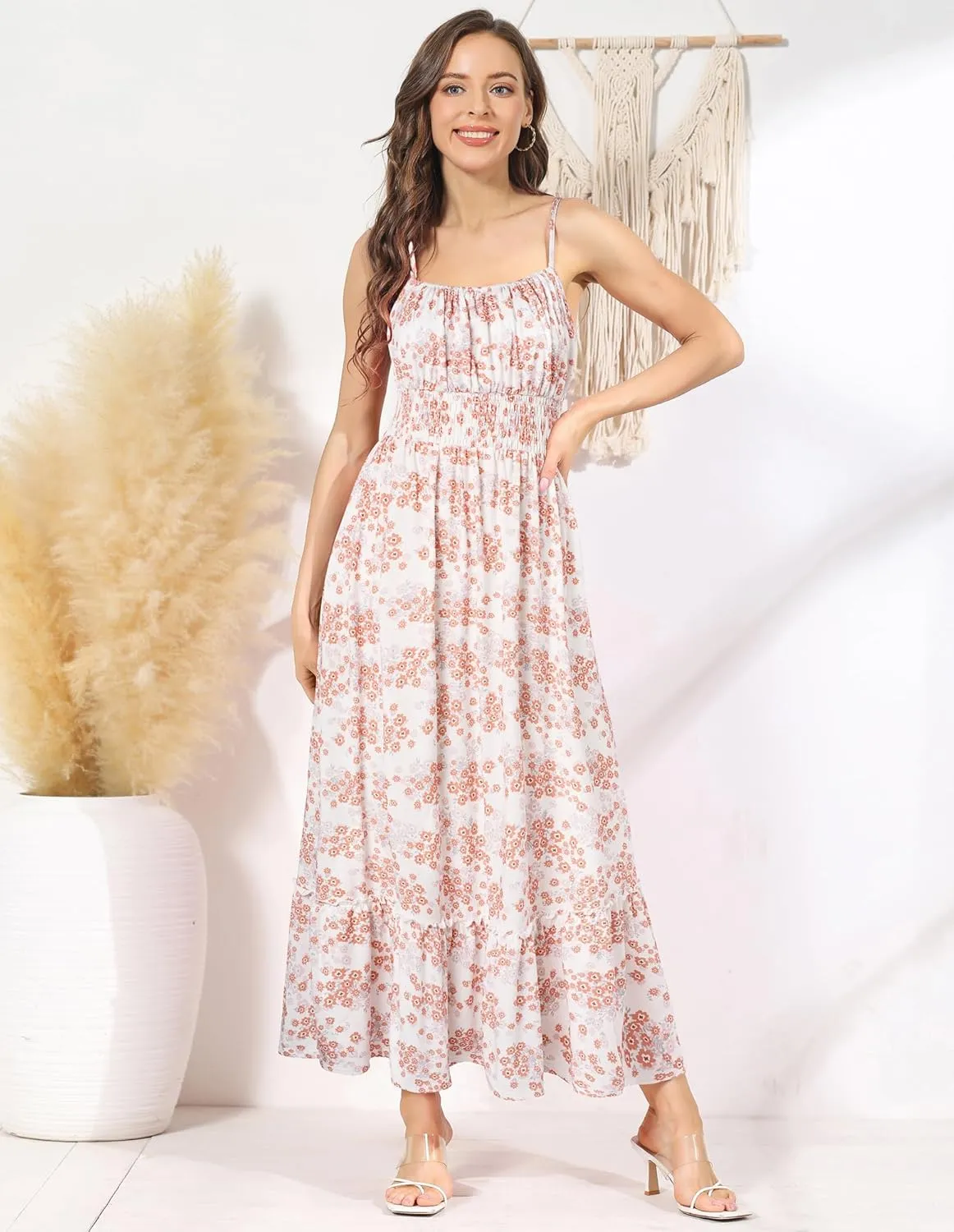 GRACE KARIN Womens 2025 Summer Maxi Dress Sleeveless Floral Spaghetti Strap Smocked Boho Beach Long Dress with Pockets
