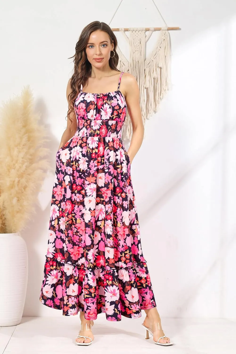 GRACE KARIN Womens 2025 Summer Maxi Dress Sleeveless Floral Spaghetti Strap Smocked Boho Beach Long Dress with Pockets