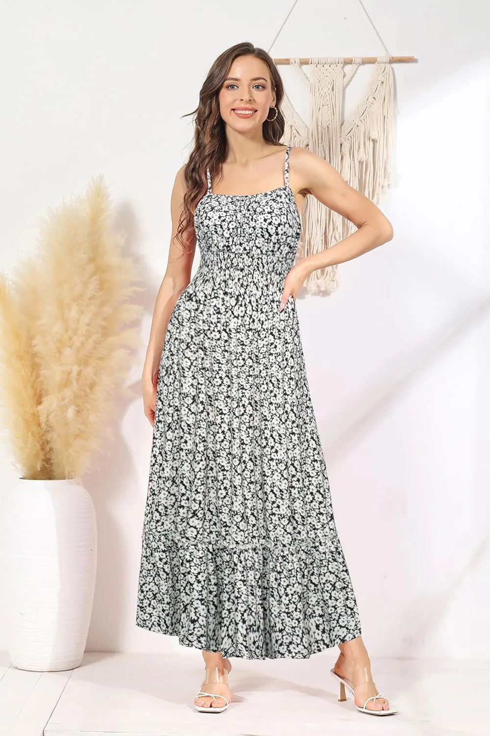 GRACE KARIN Womens 2025 Summer Maxi Dress Sleeveless Floral Spaghetti Strap Smocked Boho Beach Long Dress with Pockets