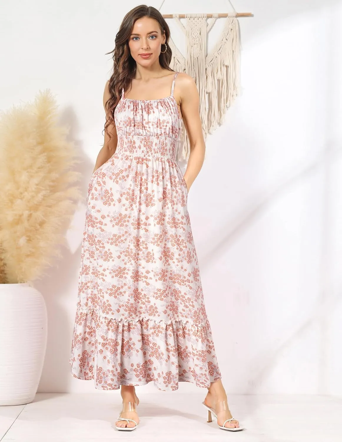 GRACE KARIN Womens 2025 Summer Maxi Dress Sleeveless Floral Spaghetti Strap Smocked Boho Beach Long Dress with Pockets